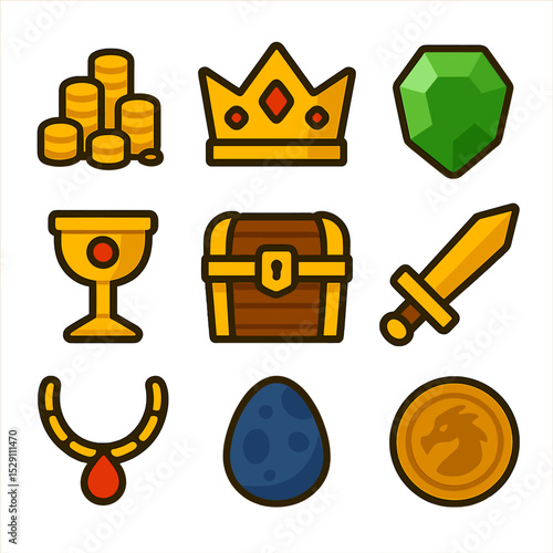 Dragon's Treasure Icons. Flat icon set of dragon hoard: gold coin pile, jeweled crown, gemstone, chalice, treasure chest, golden