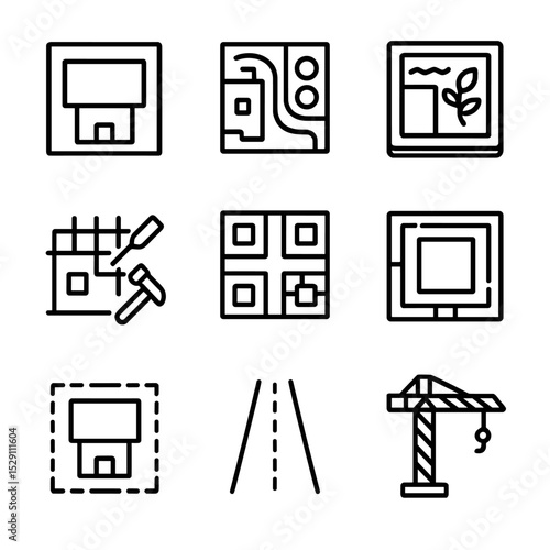 Drone Aerial Icon Set. Outline icon set of drone aerial views: bird’s-eye building, site masterplan, rooftop garden, construction