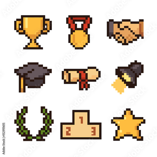 Dream Fulfillment Icons. Pixel art icon set of dream fulfillment: trophy, gold medal, handshake, graduation cap, diploma,