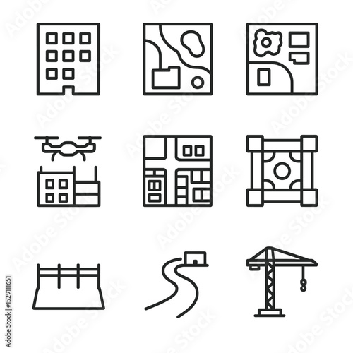 Drone Aerial Icon Set. Outline icon set of drone aerial views: bird’s-eye building, site masterplan, rooftop garden, construction