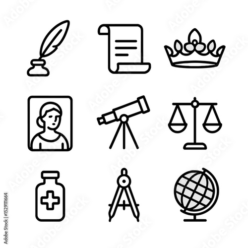 Historical Female Icons. Outline icon set of historical female figures: quill pen, parchment scroll, crown tiara, vintage portrait