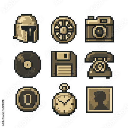 Historical Icon Grid. Pixel art icon set of historical era themes: medieval helmet, steam locomotive wheel, vintage camera, vinyl