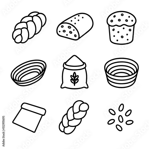 Holiday Bread Icons. Outline icon set of holiday bread baking: challah loaf, stollen, panettone, dough proofing basket, flour sack