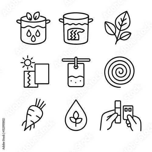 Eco-Dyeing Icon Set. Outline icon set of eco-dyeing techniques: natural dye vat, indigo bath, plant extract leaf, sun-bleaching