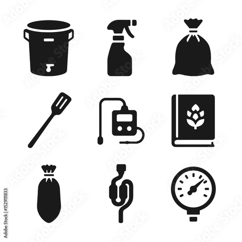 Homebrewing Kit Icons. Solid, Filled icon set of homebrewing kit: brew bucket, sanitizer spray, grain bag, stir paddle,