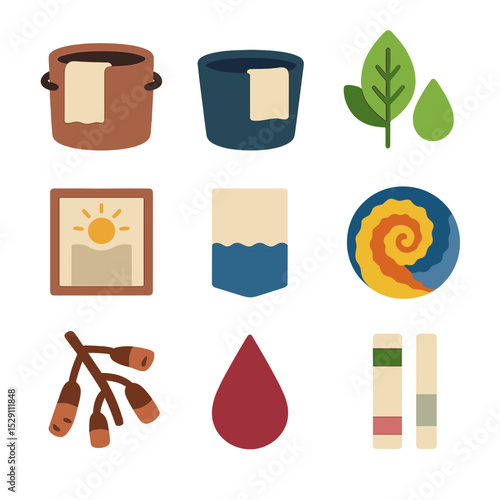 Eco-Dyeing Icon Set. Flat icon set of eco-dyeing techniques: natural dye vat, indigo bath, plant extract leaf, sun-bleaching panel