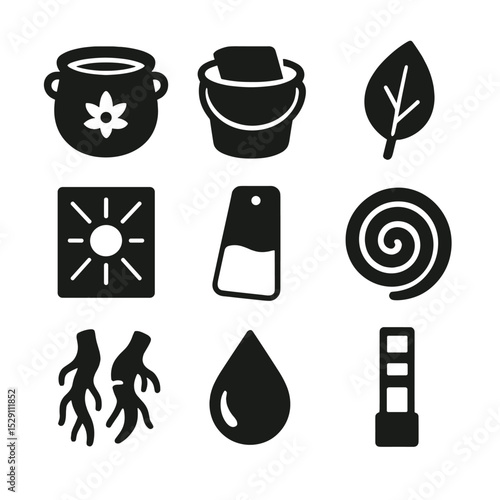 Eco-Dyeing Icon Set. Solid, Filled icon set of eco-dyeing techniques: natural dye vat, indigo bath, plant extract leaf,