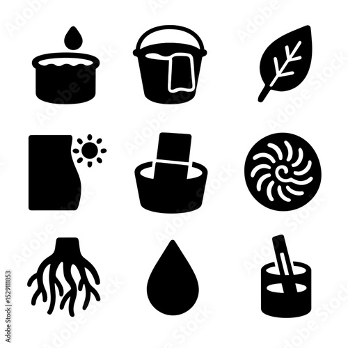 Eco-Dyeing Icon Set. Solid, Filled icon set of eco-dyeing techniques: natural dye vat, indigo bath, plant extract leaf,