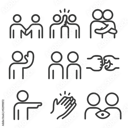 Human Interaction Icons. Outline icon set of human communication interactions: handshake, high five, hug, wave, nod, fist bump,