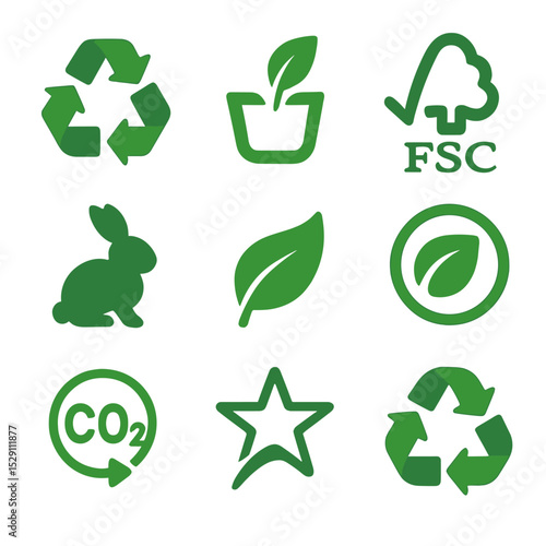 Eco-Friendly Icon Set. Flat icon set of eco-friendly labels and certifications: recycle symbol, compostable logo, FSC badge,
