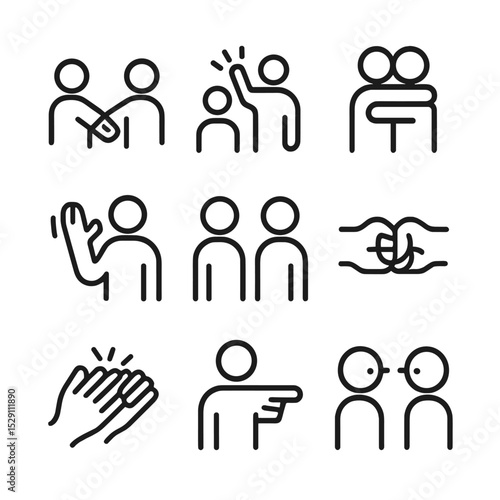 Human Interaction Icons. Outline icon set of human communication interactions: handshake, high five, hug, wave, nod, fist bump,
