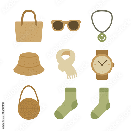 Eco-Friendly Accessory Icons. Flat icon set of eco-friendly accessories: cork tote, wooden sunglasses, recycled metal necklace,