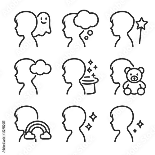 Imaginary Friends Icons. Outline icon set of children with imaginary friends portraits: child silhouette, ghost outline, thought