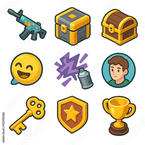 In-Game Icon Set. Isometric Flat icon set of in-game items: Weapon skin, Loot box, Treasure chest, Key, Emote, Spray, Avatar,