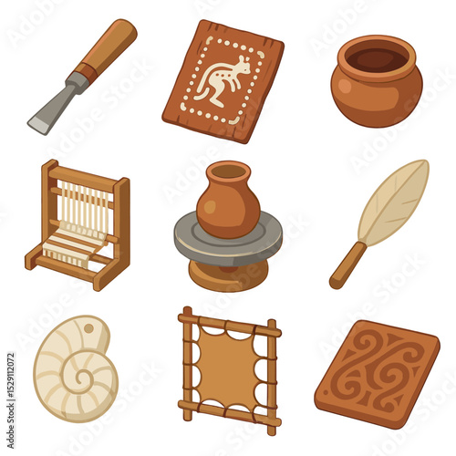 Indigenous Art Tools Icons. Isometric Flat icon set of indigenous art tools: carving chisel, bark canvas, natural pigment pot,
