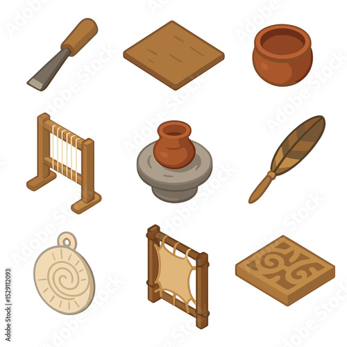 Indigenous Art Tools Icons. Isometric Flat icon set of indigenous art tools: carving chisel, bark canvas, natural pigment pot,