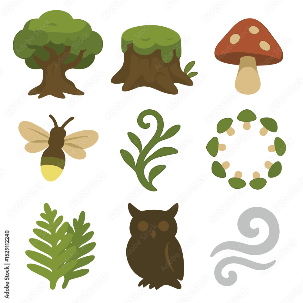 Naklejka premium Enchanted Forest Icons. Flat icon set of enchanted forest elements: ancient tree, mossy stump, toadstool, firefly, vine, mushroom