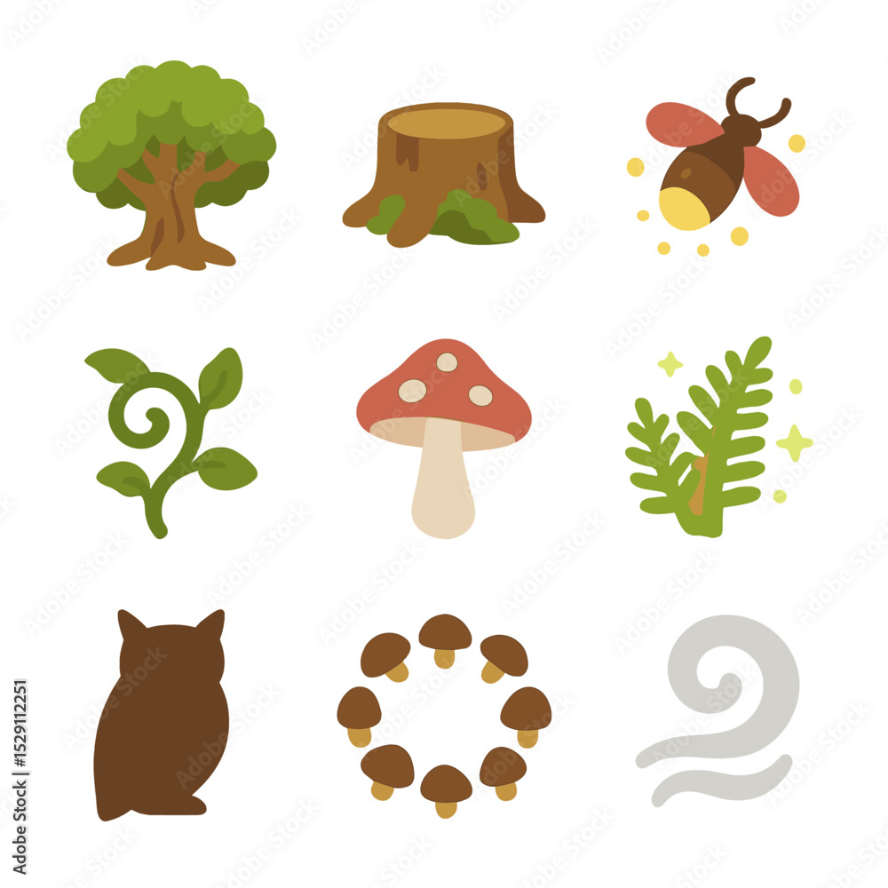 Obraz premium Enchanted Forest Icons. Flat icon set of enchanted forest elements: ancient tree, mossy stump, toadstool, firefly, vine, mushroom