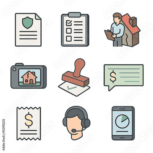 Insurance Claims Icons. Isometric Flat icon set of insurance and claims process: policy document, claim form, adjuster visit,