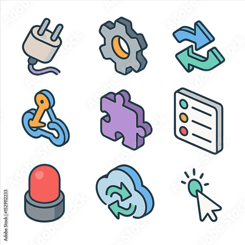Integration Icon Set. Isometric Flat icon set of integration and automation dashboards: API connector plug, gear settings, data