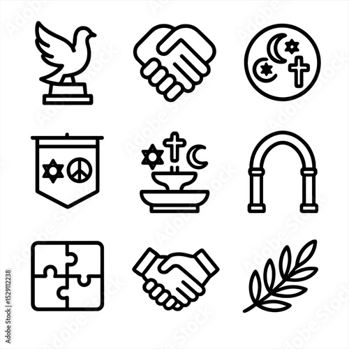 Interfaith Icon Set. Outline icon set of interfaith memorials: peace sculpture, interlocking hands, multi-faith symbol, unity