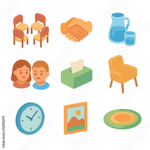 Intervention Icon Set. Isometric Flat icon set of intervention group meeting: group circle, supportive hands, water carafe, tissue