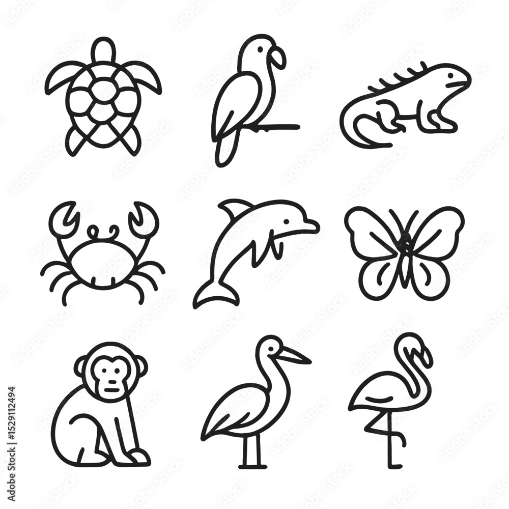 Obraz premium Island Fauna Icons. Outline icon set of island fauna: sea turtle, parrot, iguana, crab, dolphin, butterfly, monkey, pelican,