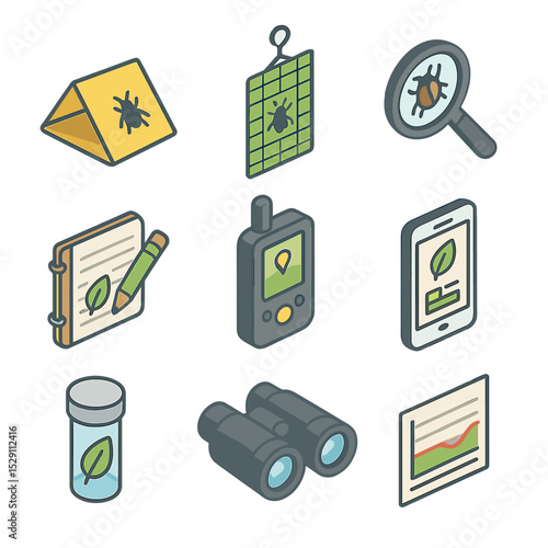 IPM Tool Icon Set. Isometric Flat icon set of monitoring and scouting tools in IPM: pheromone trap, sticky trap, magnifying glass,
