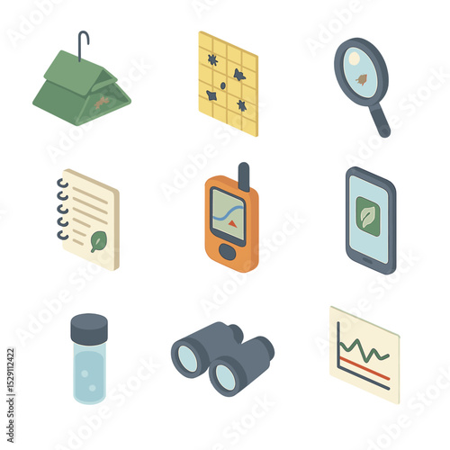IPM Tool Icon Set. Isometric Flat icon set of monitoring and scouting tools in IPM: pheromone trap, sticky trap, magnifying glass,