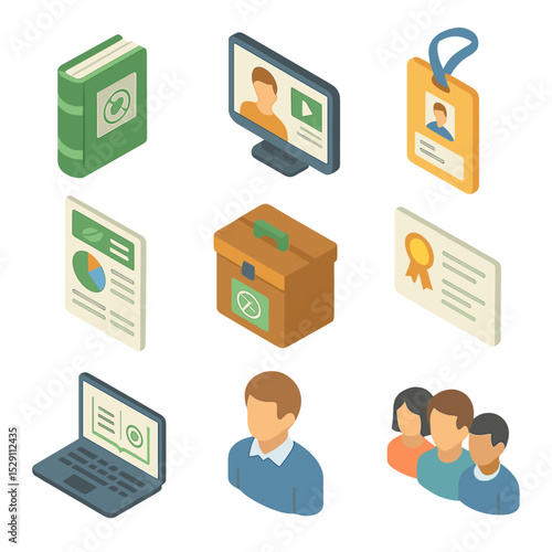 IPM Education Icon Set. Isometric Flat icon set of IPM educational resources: training manual, webinar screen, workshop badge,