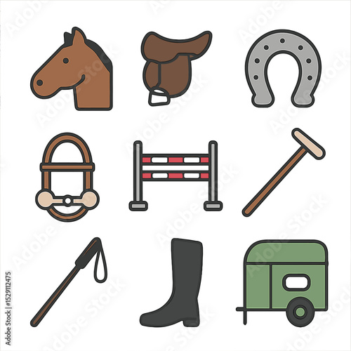 Equestrian Sports Icons. Flat icon set of equestrian sports: horse head, riding saddle, horseshoe, bridle, jumping obstacle, polo