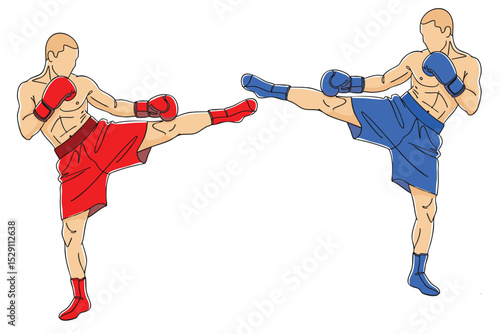 Two Dynamic Kickboxers in Action, One in Red and One in Blue