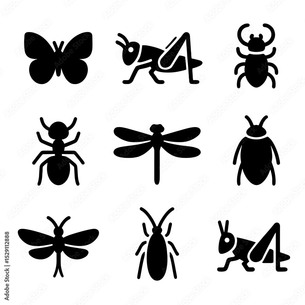 Fototapeta premium Extinct Insects Icon Set. Solid, Filled icon set of extinct insects: xerces blue butterfly, rocky mountain locust, saint helena