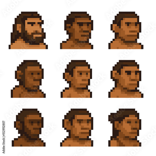 Extinct Hominin Icons. Pixel art icon set of extinct hominins: neanderthal, denisovan, homo erectus, homo habilis,