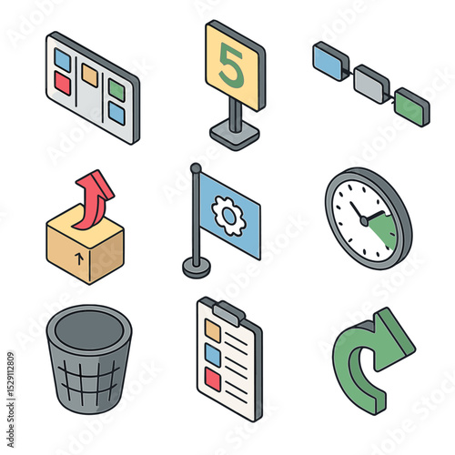 Lean Manufacturing Icon Set. Isometric Flat icon set of lean manufacturing tools: kanban board, 5S sign, value stream map, kaizen
