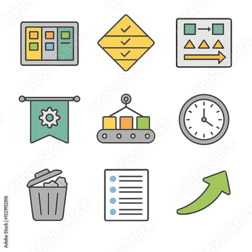 Lean Manufacturing Icon Set. Isometric Flat icon set of lean manufacturing tools: kanban board, 5S sign, value stream map, kaizen