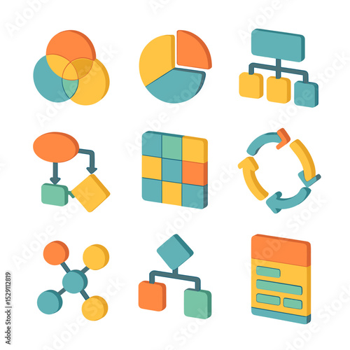 Learning Styles Icons. Isometric Flat icon set of learning styles framework diagrams: Venn diagram, pie chart, hierarchical chart,