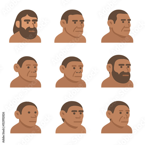 Extinct Hominins Icons. Flat icon set of extinct hominins: neanderthal, denisovan, homo erectus, homo habilis, australopithecus