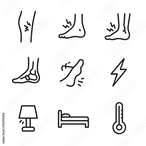 Leg Cramps Icons. Outline icon set of leg cramps: calf muscle, foot arch, Achilles tendon, ankle joint, toe flex, sharp pain