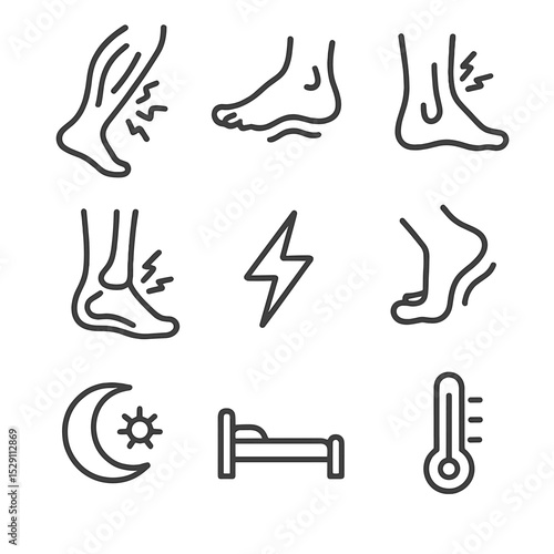 Leg Cramps Icons. Outline icon set of leg cramps: calf muscle, foot arch, Achilles tendon, ankle joint, toe flex, sharp pain