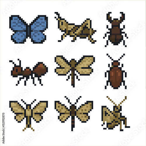 Extinct Insect Icons. Pixel art icon set of extinct insects: xerces blue butterfly, rocky mountain locust, saint helena giant
