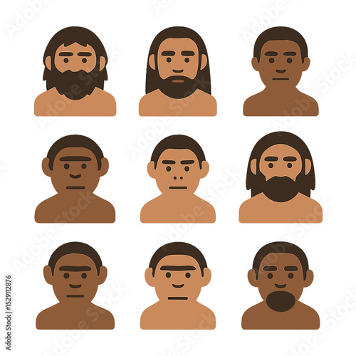 Extinct Hominins Icons. Flat icon set of extinct hominins: neanderthal, denisovan, homo erectus, homo habilis, australopithecus