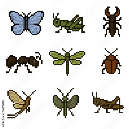 Extinct Insect Icons. Pixel art icon set of extinct insects: xerces blue butterfly, rocky mountain locust, saint helena giant