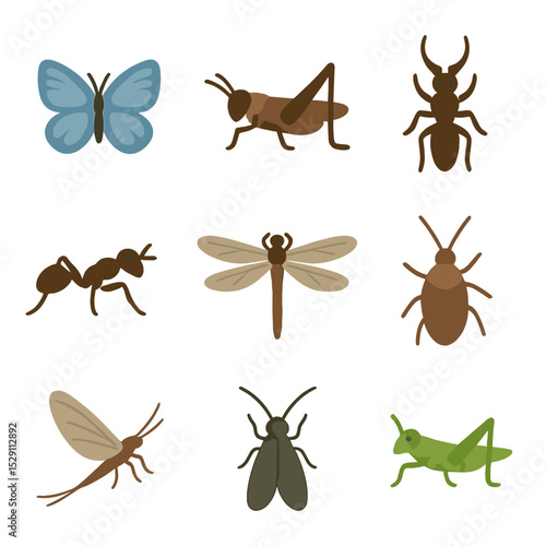 Extinct Insects Icons. Flat icon set of extinct insects: xerces blue butterfly, rocky mountain locust, saint helena giant earwig,