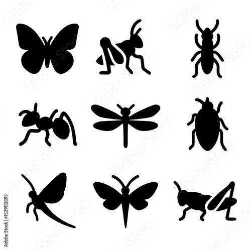 Extinct Insects Icon Set. Solid, Filled icon set of extinct insects: xerces blue butterfly, rocky mountain locust, saint helena