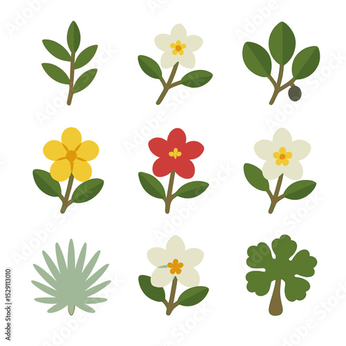 Extinct Plants Icons. Flat icon set of extinct plants: saint helena olive, franklinia alatamaha, mascarene ebony, toromiro,