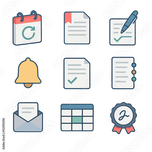 License Renewal Icons. Isometric Flat icon set of license renewal and amendment: calendar with refresh arrow, amendment form,
