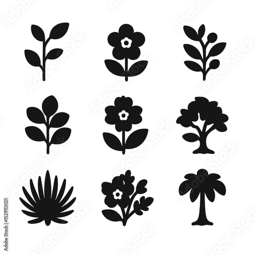Extinct Plant Icons. Solid, Filled icon set of extinct plants: saint helena olive, franklinia alatamaha, mascarene ebony, toromiro