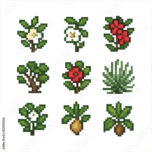 Extinct Plants Icon Set. Pixel art icon set of extinct plants: saint helena olive, franklinia alatamaha, mascarene ebony, toromiro