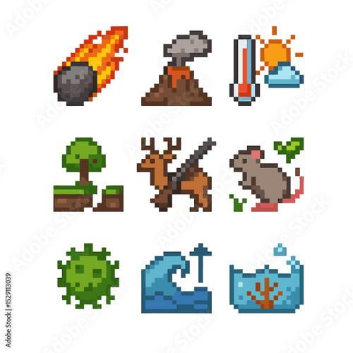 Extinction Causes Icons. Pixel art icon set of extinction causes: asteroid impact, volcanic eruption, climate change, habitat loss
